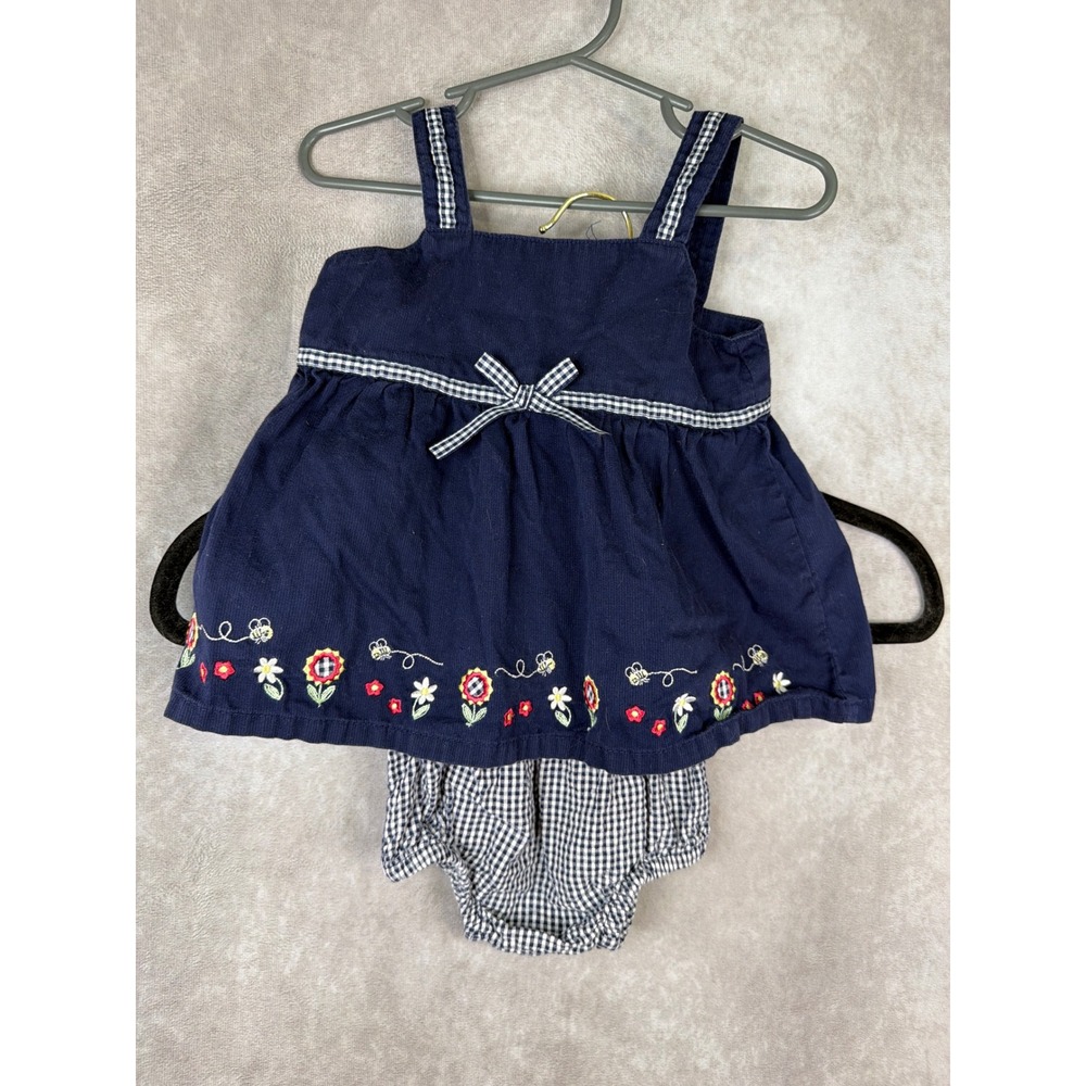 VTG Sesame Street Dress Set Baby  3/6M Navy Blue Corduroy Floral Gingham 2pc